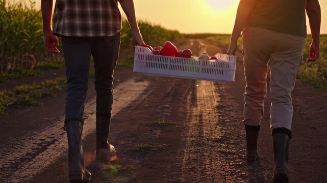 Two farmers walking through agricultural field holding crate of organic vegetables at sunset.