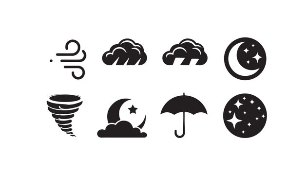 Weather icon set with wind clouds moon stars tornado and umbrella isolated on transparent background.