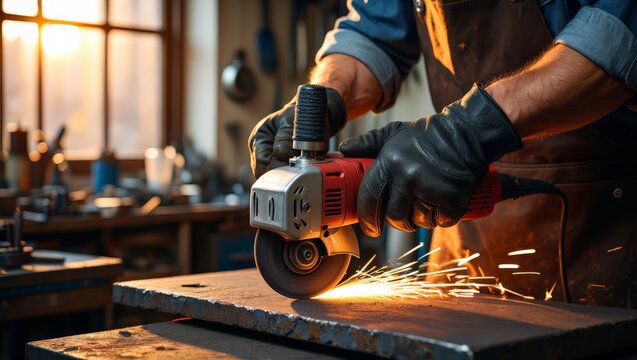 Warm golden hour light pours through a workshop window as a craftsman in a leather apron and black gloves operates a red angle grinder on a steel plate, sending bright sparks flying across the bench.