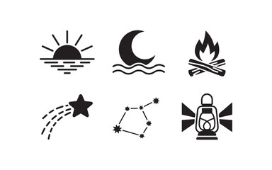Night camping icons sunrise sunset moon campfire and constellation. © Creative_Aminur