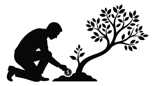 Black silhouette of a man kneeling and planting a dollar coin near a growing tree