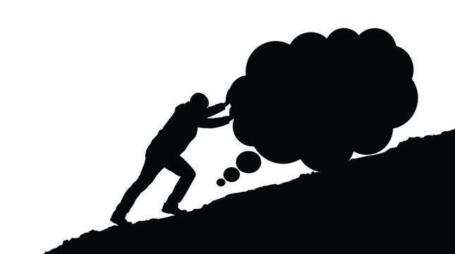 Silhouette of a determined person pushing a large heavy thought bubble up a steep hill