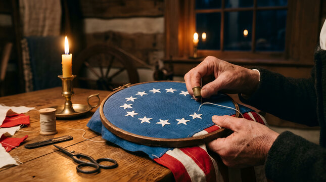 Historical recreation of betsy ross sewing the first american flag