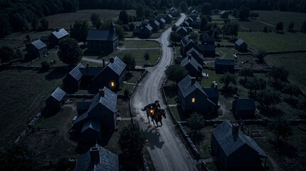 Fototapeta premium Aerial view of a colonial village at night with a rider on horseback