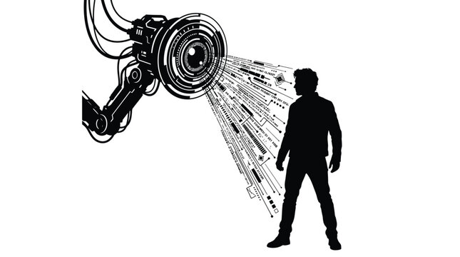 Silhouette of a man standing before a robotic artificial intelligence eye scanning his human profile