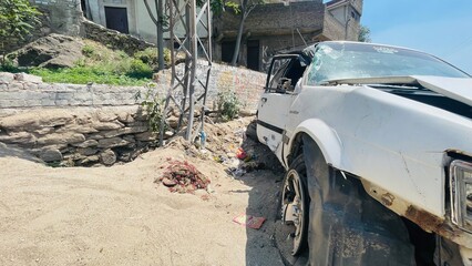 Fototapeta premium Severe car accident on GT Road in Swat, Khyber Pakhtunkhwa, Pakistan.