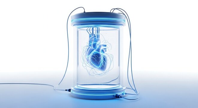 Blue 3d render of human heart in a glass jar, medical illustration, scientific concept, health and anatomy isolated on transparent background