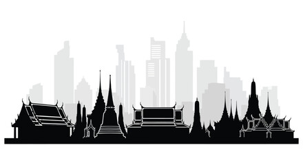 Obraz premium Bangkok skyline silhouette with traditional thai temple architecture against a white background silhouette