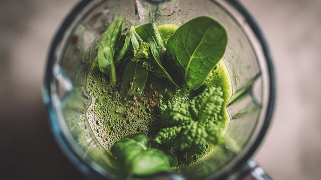 Fresh green ingredients blend together inside a kitchen appliance viewed from above