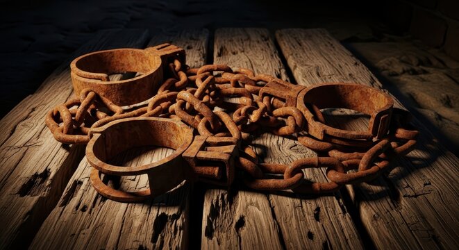 Heavy rusted iron chains and leg shackles resting on dry, splintered wooden planks in a dark, historical setting of forced labor, servitude, heritage, confinement