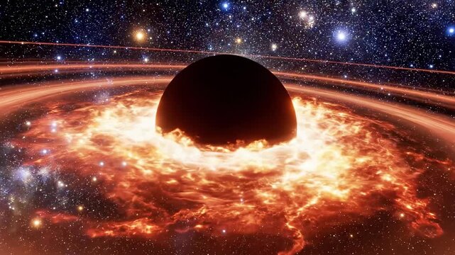 A swirling, fiery vortex surrounds a massive black hole in space