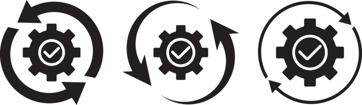 Sync process and workflow icon set. Productivity, setting, synchronization. Cycle icons representing refresh process gears. Blue line and solid icons. minimalist technology and data flow design