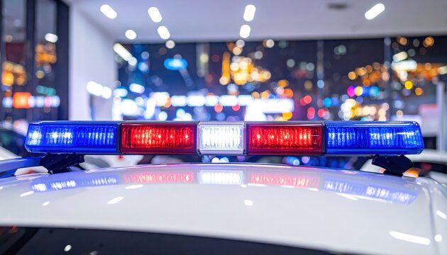 Close-up view of a flashing red and blue police lightbar on a patrol vehicle, signaling urgent alerts.