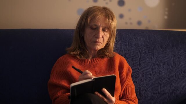Mature blonde woman sits on the sofa writing her personal thoughts in a notebook. The scene conveys introspection, reflection, and emotional expression.