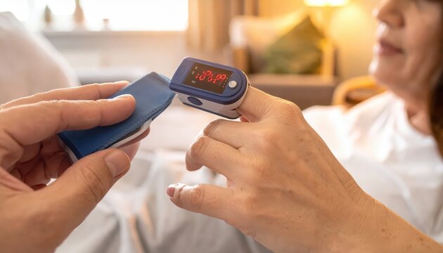 Close-up of a pulse oximeter monitoring oxygen saturation on a patient's index finger in a warm, lit setting