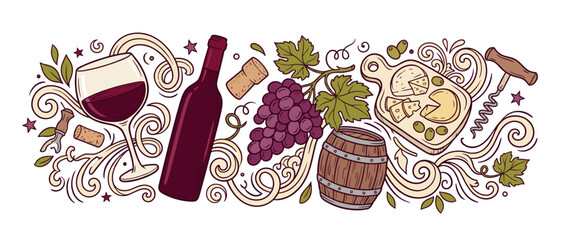 Fototapeta premium Wine tasting concept presenting a bottle, glass, grapes, cork, corkscrew, barrel, and charcuterie board with cheese and olives for a complete gourmet experience