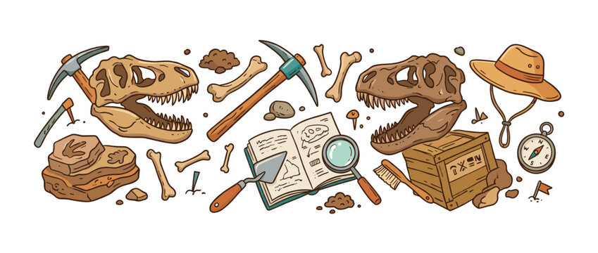 Paleontology tools and prehistoric dinosaur fossils for archaeological excavation, examining ancient bones and footprints, exploring paleontology research history