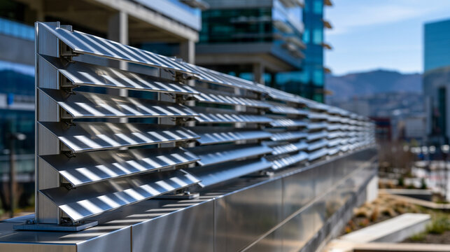 Angled aluminum kinetic facade blades rotating on pivot mounts along tower exterior, each louver casting shifting parallelogram shadows across polished cladding panel surface, solar-tracking archite