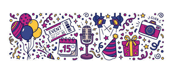 Naklejka premium Celebrating a special event with party supplies, calendar, microphone, spotlights, gift, camera, and confetti doodle on a vibrant background for festive occasions