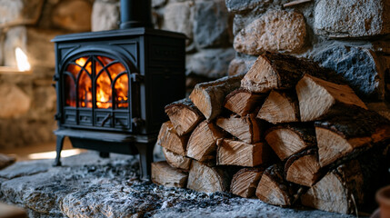 Naklejka premium Cast iron wood-burning stove inside a stone-walled mountain refuge, soot-blackened flue pipe disappearing into vaulted ceiling, split firewood stacked in precise rows beside ash-dusted hearth, amber