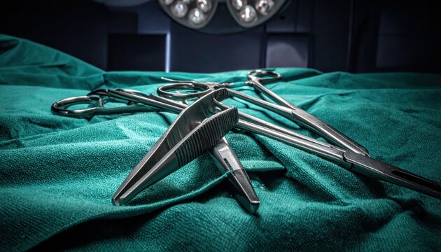 Close-up of assorted stainless steel surgical instruments including forceps, scissors and clamps resting on a green surgical cloth.