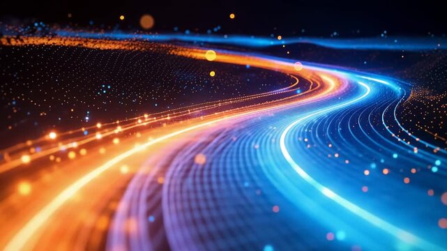 Abstract digital landscape with glowing orange and blue light trails representing data flow and highspeed connectivity 4k video