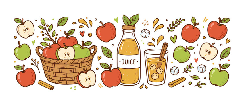 Ripe red and green apples in a rustic basket, with a bottle of fresh juice and a glass of cider with ice and a cinnamon stick, creating a vibrant harvest border