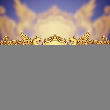 Intricate golden digital header design featuring a decorative blank escutcheon flanked by rampant mythical beasts and scrolling ornamentation, graphic, insignia, blazon