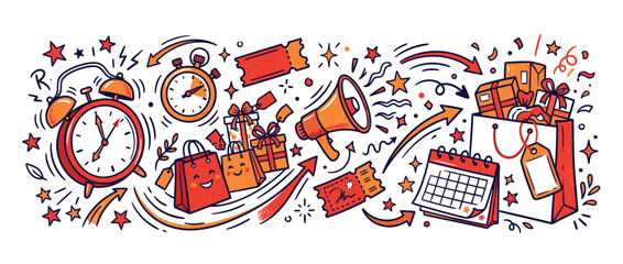 Fototapeta premium Shopping and retail promotion illustration with clocks, stopwatch, megaphone, coupons, shopping bags and gifts on a calendar, symbolizing limited-time sales and special offers