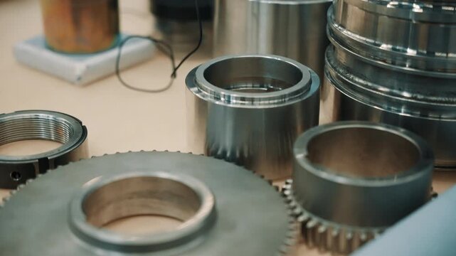 Detailed close-up of precision machined steel gears, threaded collars, and bearing housings on a workshop bench, showcasing industrial engineering components and meticulous metal fabrication quality.