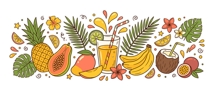 Tropical fruits and a refreshing drink forming a vibrant border illustration, perfect for summer, travel, and healthy lifestyle themes, highlighting fresh ingredients and exotic flavors