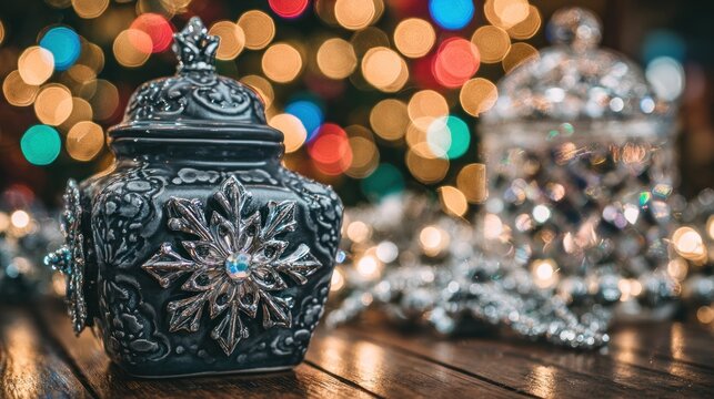 Ornate dark holiday jar featuring a snowflake decoration rests on a wooden surface with festive lights in the background
