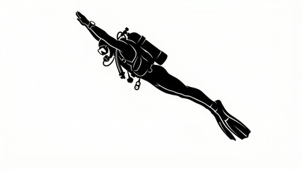 Silhouette of a scuba diver diving down into the deep sea © Ating