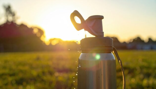 Close-up of a soldier's hydration pack tube with water drops in golden sunset light
