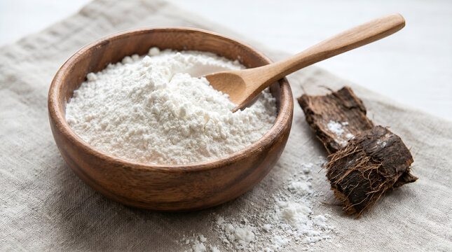 Fine sago flour in a wooden bowl with natural rustic styling for food ingredient branding, recipe guides, culinary education, and traditional cuisine visuals.