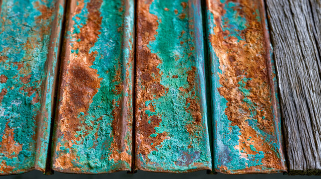 Oxidized copper architectural standing seam roof panel array, natural verdigris patina forming irregular mineral gradient across folded metal surface, roofing material weathering transformation deca