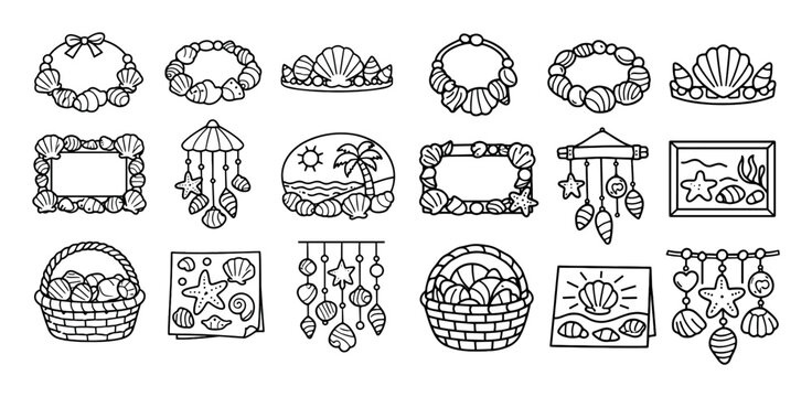 Seashell and ocean concept icons with crowns, frames and baskets for children coloring book style