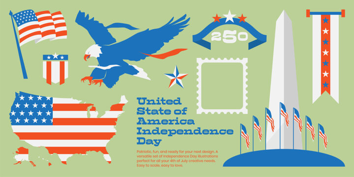 Retro Flat Design USA Independence Day Illustration Set