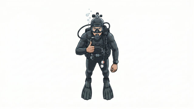 Scuba diver character with diving suit giving thumbs up