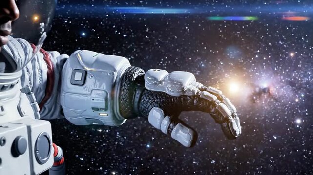 A robotic hand extending from the left side, emitting a bright light, against a starry night sky with galaxies