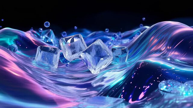 Abstract 3d render of floating ice cubes on a liquid iridescent wavy surface with glowing blue and purple light reflections 4k video