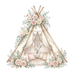 Boho Floral Teepee Tent with Macrame and Pillows © Rizky