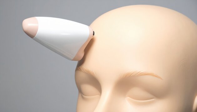Close-up of a temporal artery thermometer being used to scan a mannequin's forehead for temperature measurement