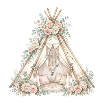 Boho Floral Teepee Tent with Macrame and Pillows