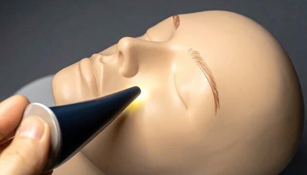 Close-up of a temporal artery thermometer measuring temperature on a mannequin's forehead, showcasing medical technology.