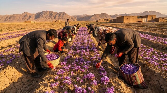 Colheita de a&ccedil;afr&atilde;o em Khorasan, Ir&atilde;o: trabalhadores apanham flores de a&ccedil;afr&atilde;o roxas nos campos agr&iacute;colas ao amanhecer.