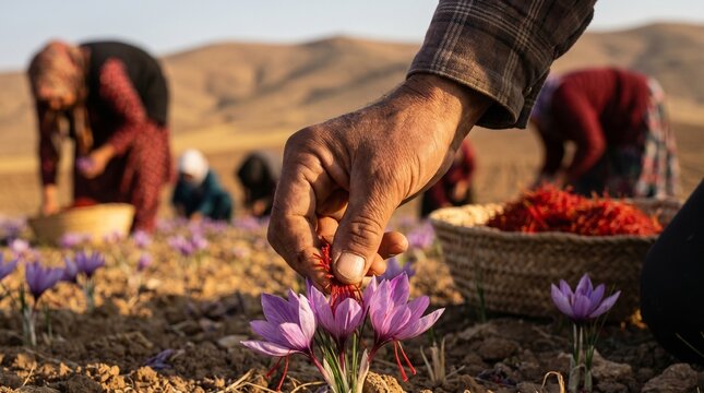 Colheita de a&ccedil;afr&atilde;o em Khorasan, Ir&atilde;o: trabalhadores apanham flores de a&ccedil;afr&atilde;o roxas nos campos agr&iacute;colas ao amanhecer.