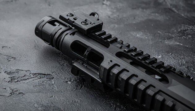 Close-up view of a modern black Picatinny rail system on a rifle, showcasing its tactical modularity and precision engineering.