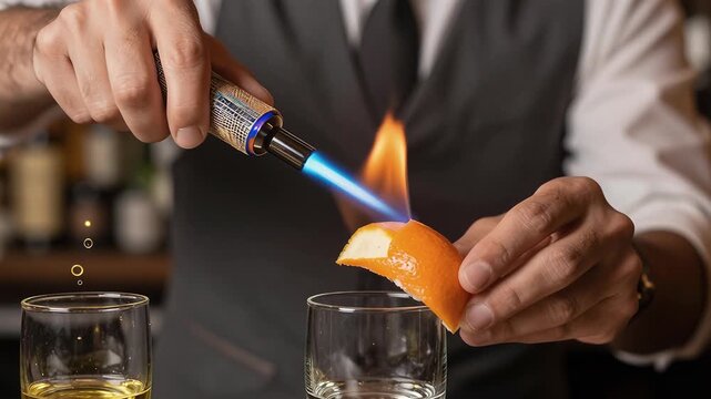 Bartender Flames an Orange Slice with a Torch