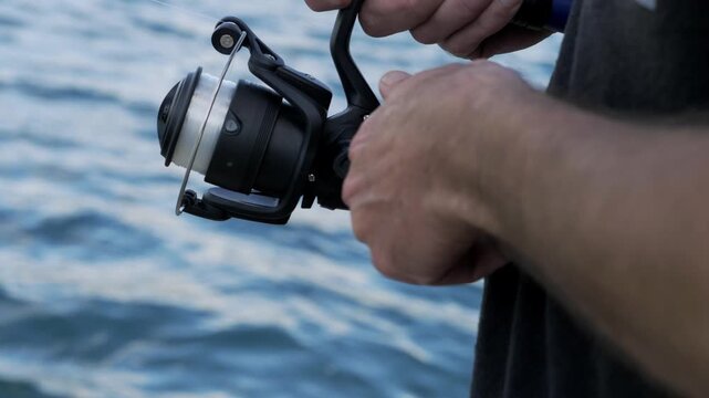 Close up of young fisherman hands using a spinning reel while fishing peacefully in nature during a calm outdoor recreational moment.